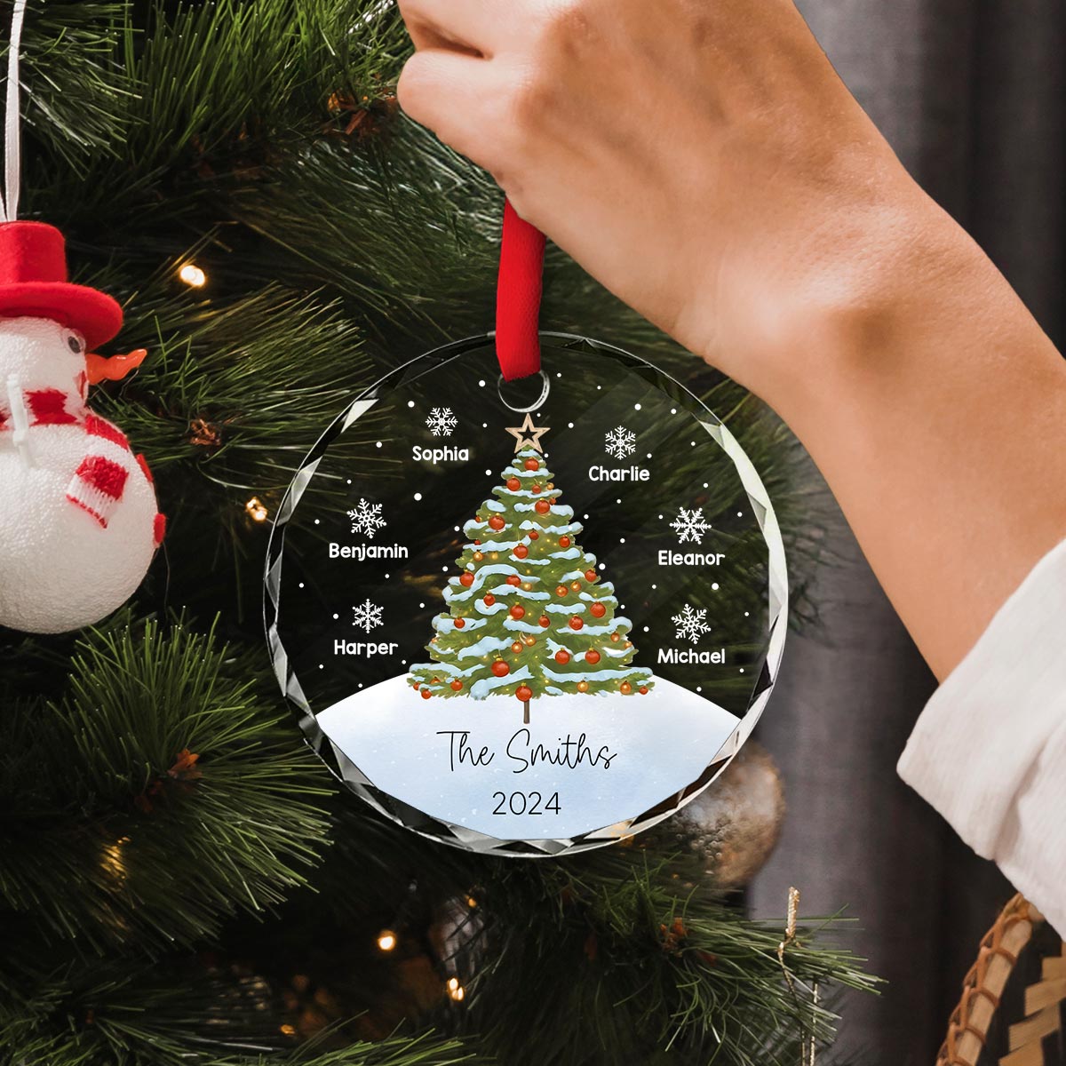 Watercolor Christmas Tree Family Names Personalized Glass Ornament