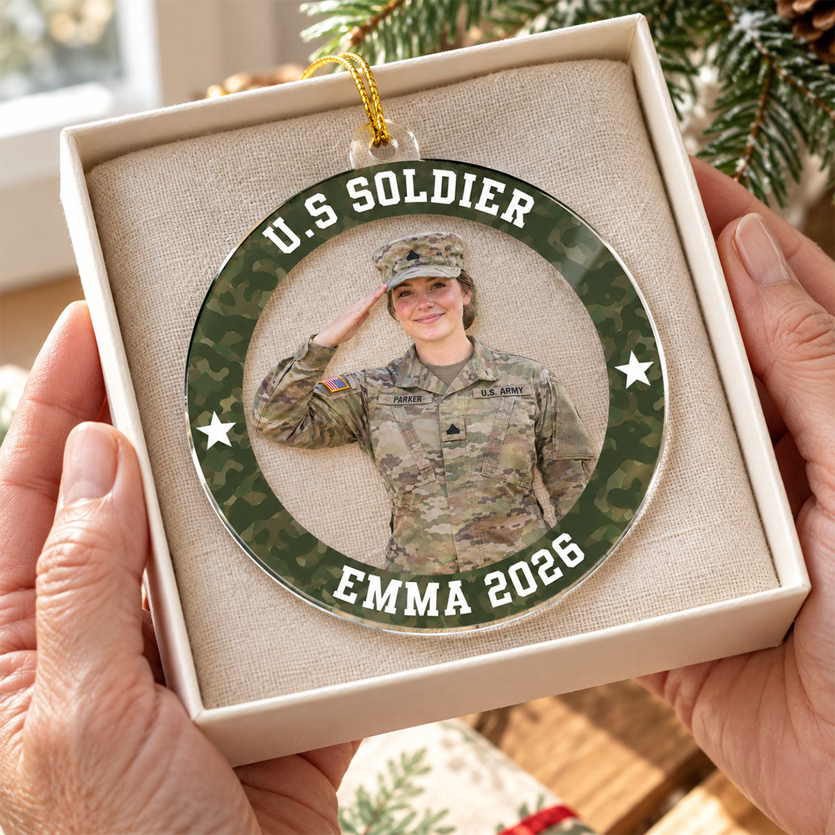 Custom Photo Army Uniform – Personalized Acrylic Ornament – Proud Army Mom Dad Keepsake, Christmas Gift for Military Family