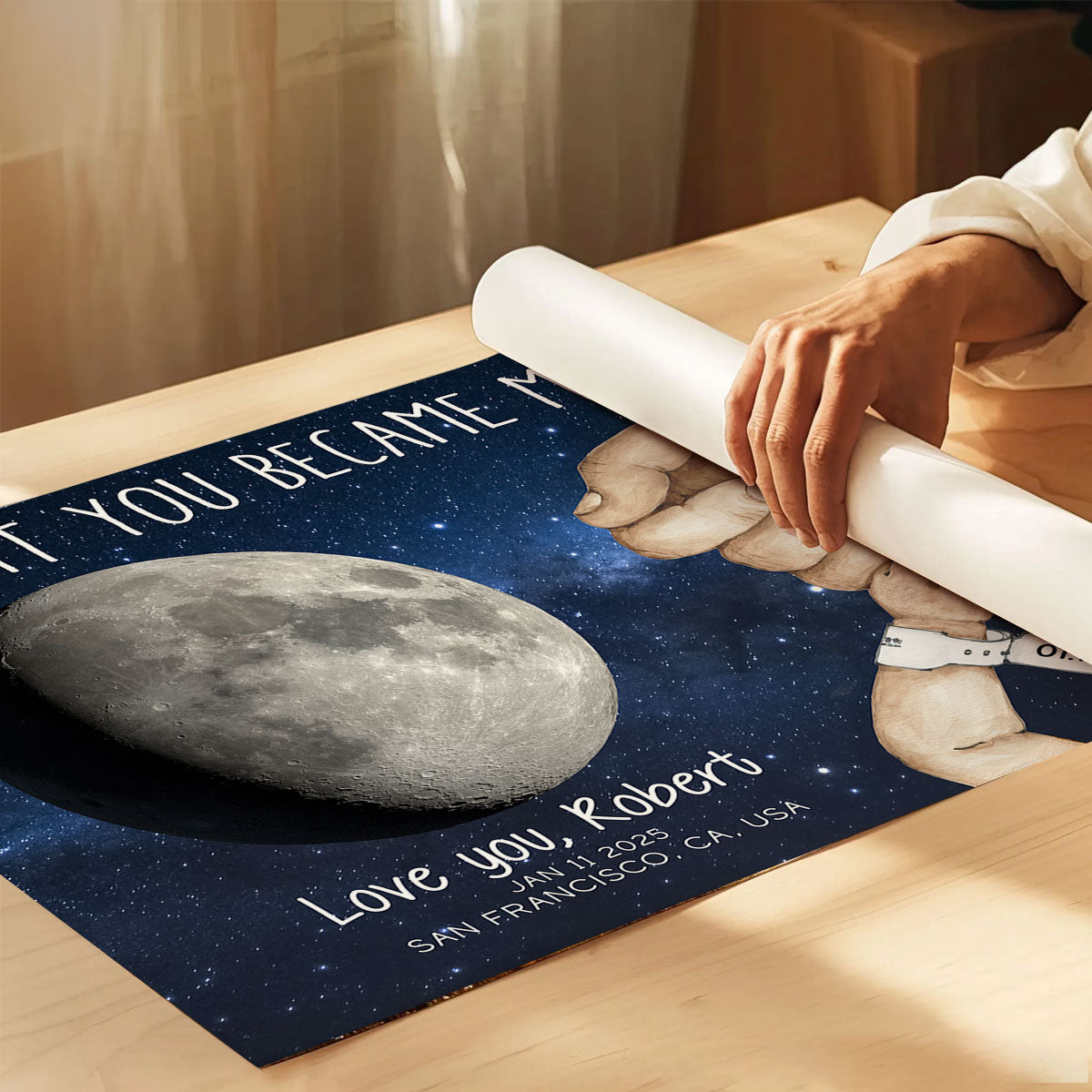 Daddy Newborn Holding Hands Moon Phase Art Personalized Poster, Gift For New Dad, First Time Dad