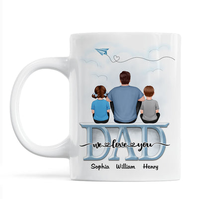 Back View Dad And Children Sitting On Word Father‘s Day Gift Personalized Mug