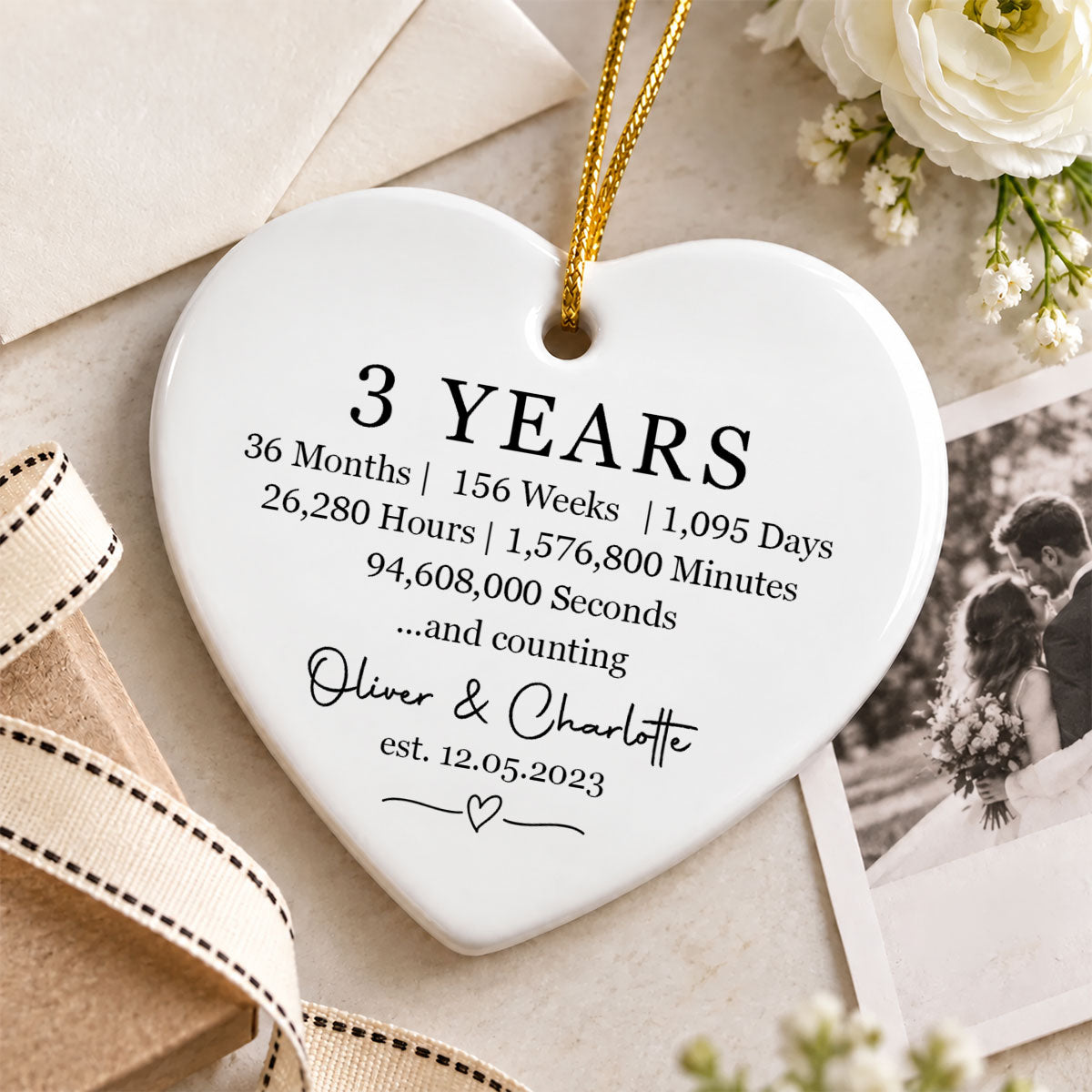 Custom Wedding Date Milestone - Personalized Ceramic Ornament - Christmas Anniversary Gift for Her, Gift for Him, Relationship Keepsake
