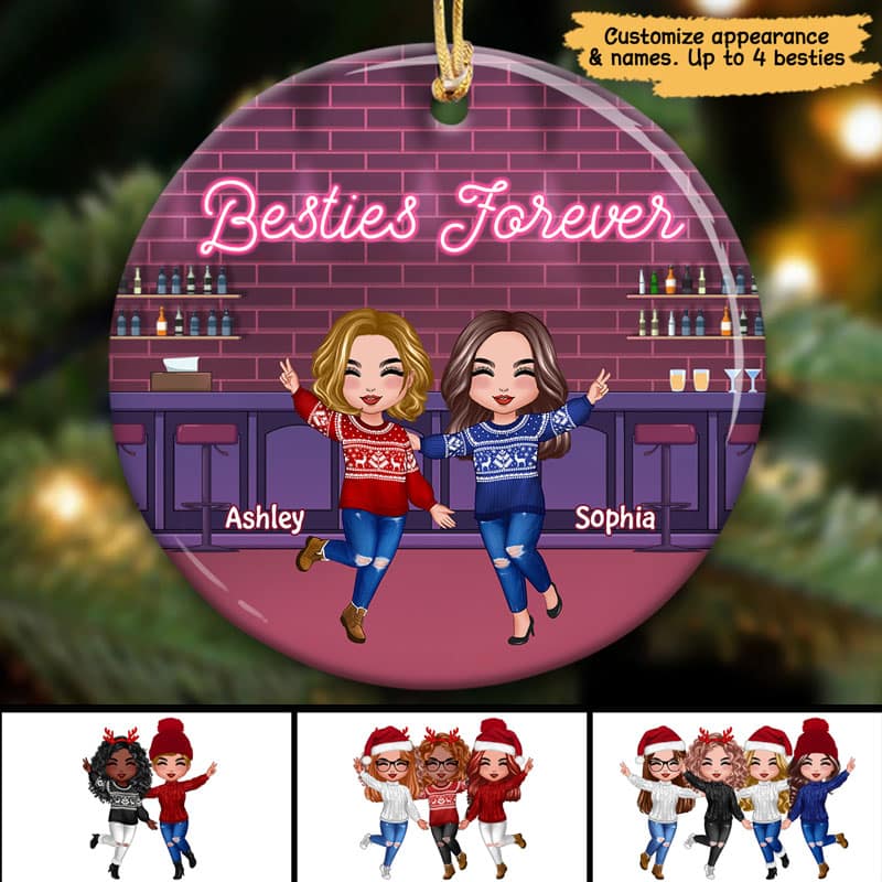 Partners In Wine Happy Doll Besties At Bar Personalized Circle Ornament