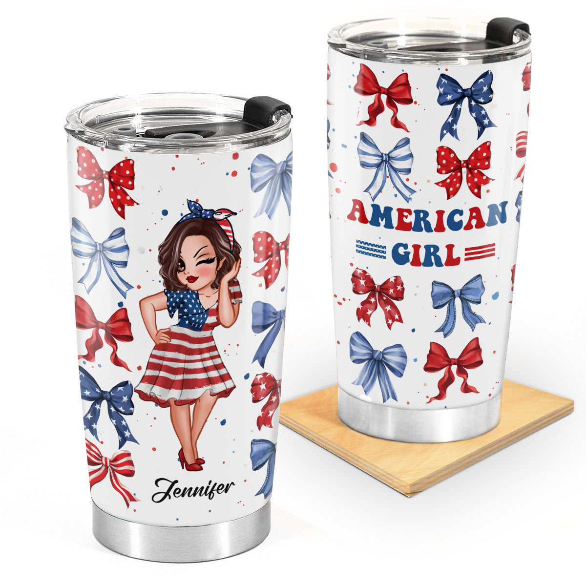 American Girl Nation Flag Bow Personalized Tumbler