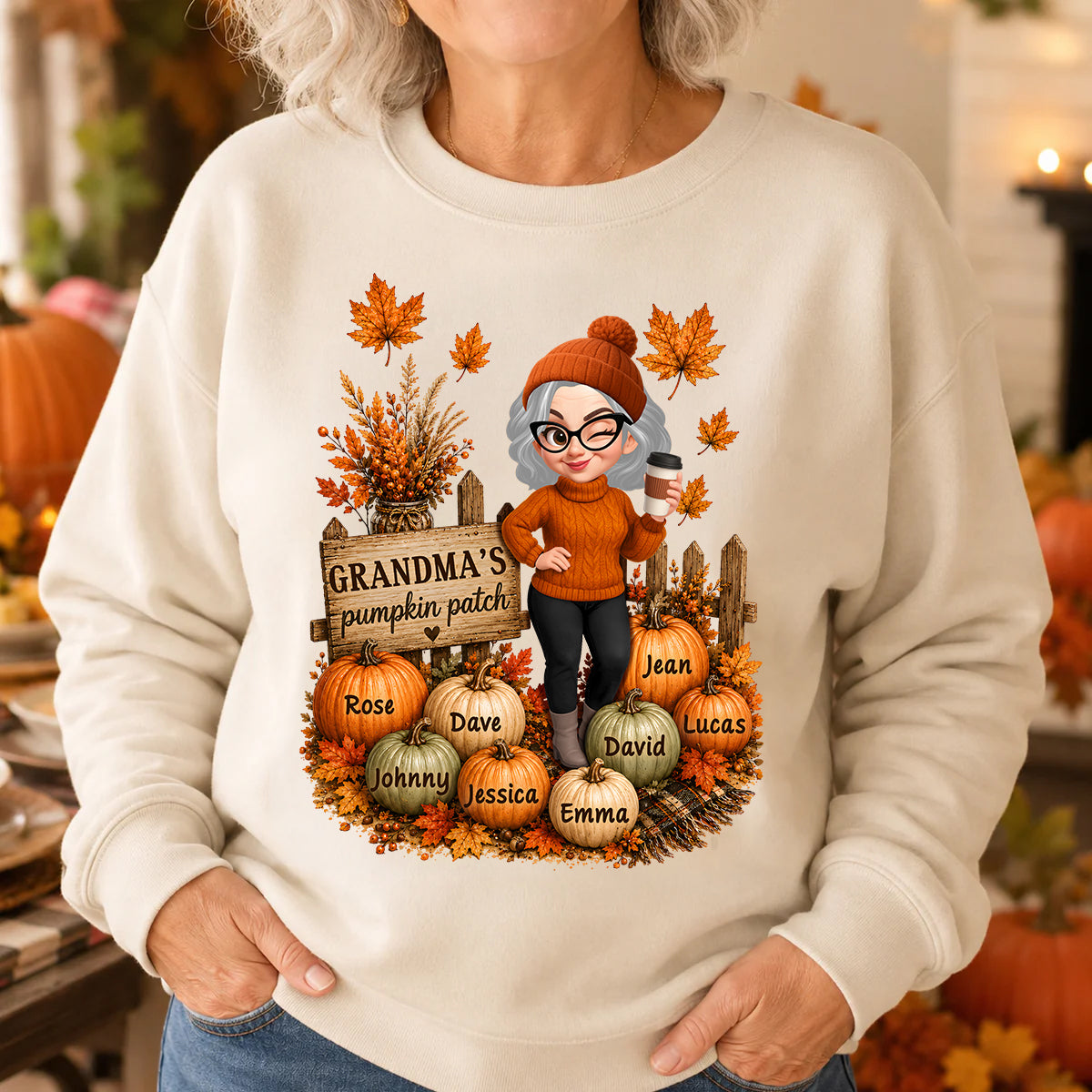 Hello Fall Grandma's Pumpkin Patch - Personalized Shirt - Trendy Fall Tee for Grandma