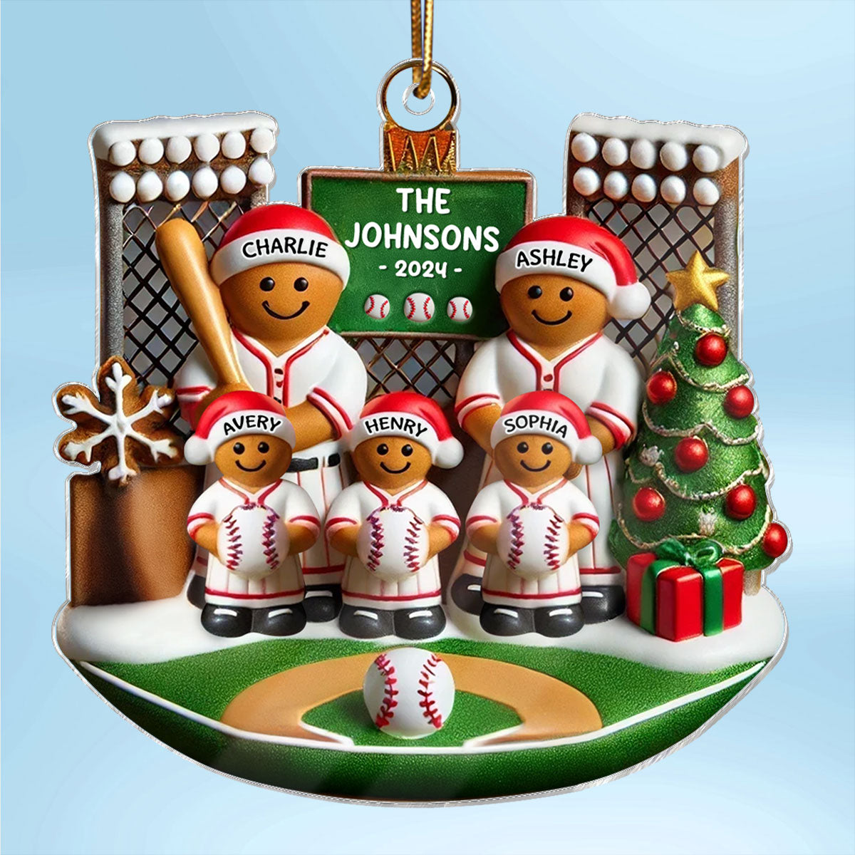 3D Effect Baseball Gingerbread Family On Field Sport Lover - Personalized Acrylic Ornament