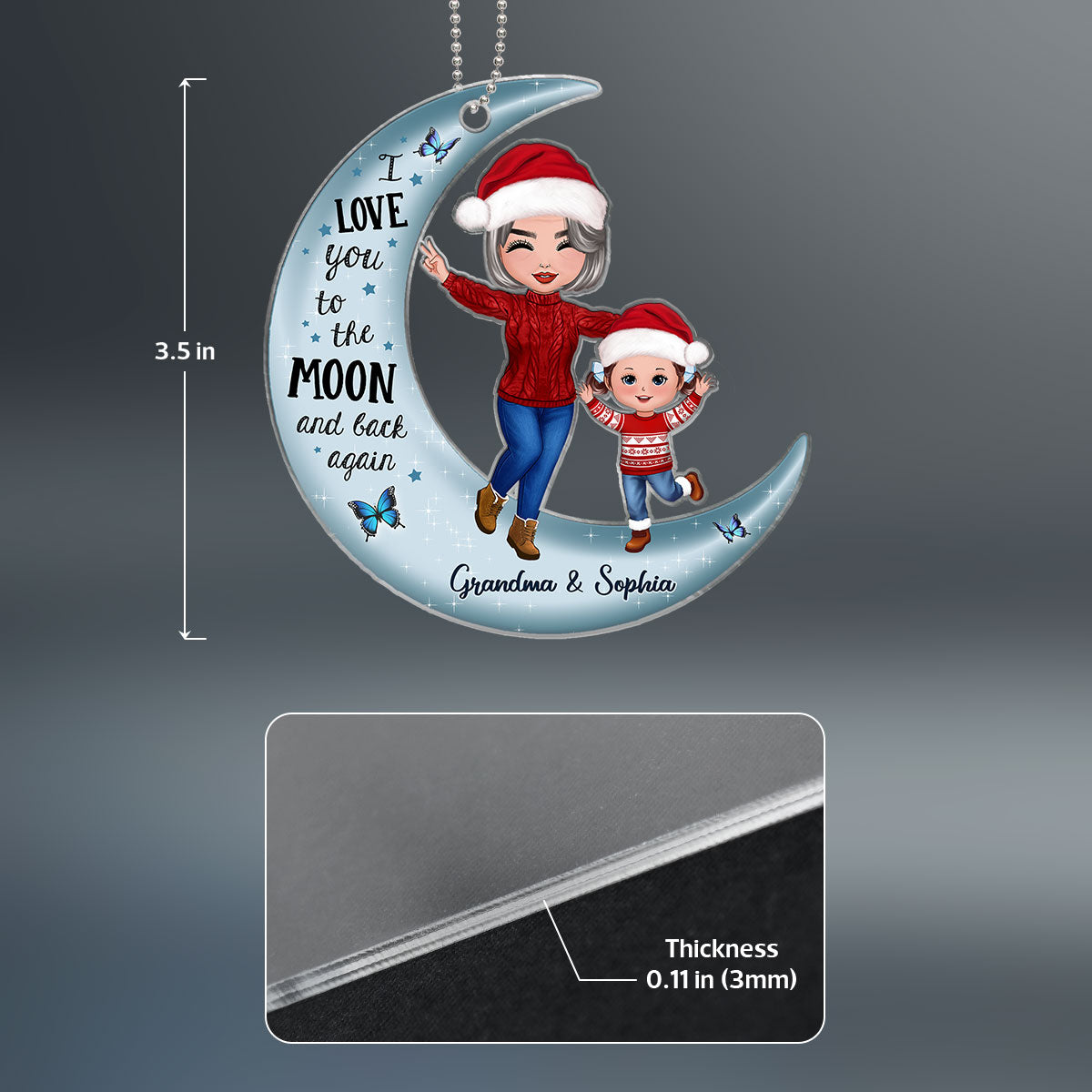Happy Doll Grandma & Grandkid On Moon Personalized Acrylic Ornament