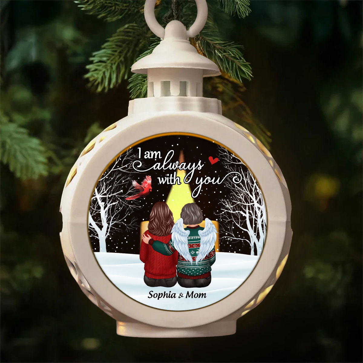 Cardinal Always With You Snow Christmas Memorial Personalized Lantern Ornament, Remembrance Gift, Sympathy Gift