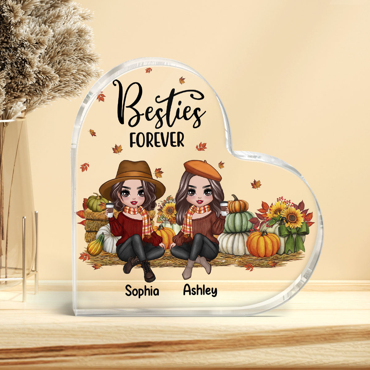 Fall Season Doll Besties Sitting In Pumpkin Patch Personalized Heart Acrylic Plaque