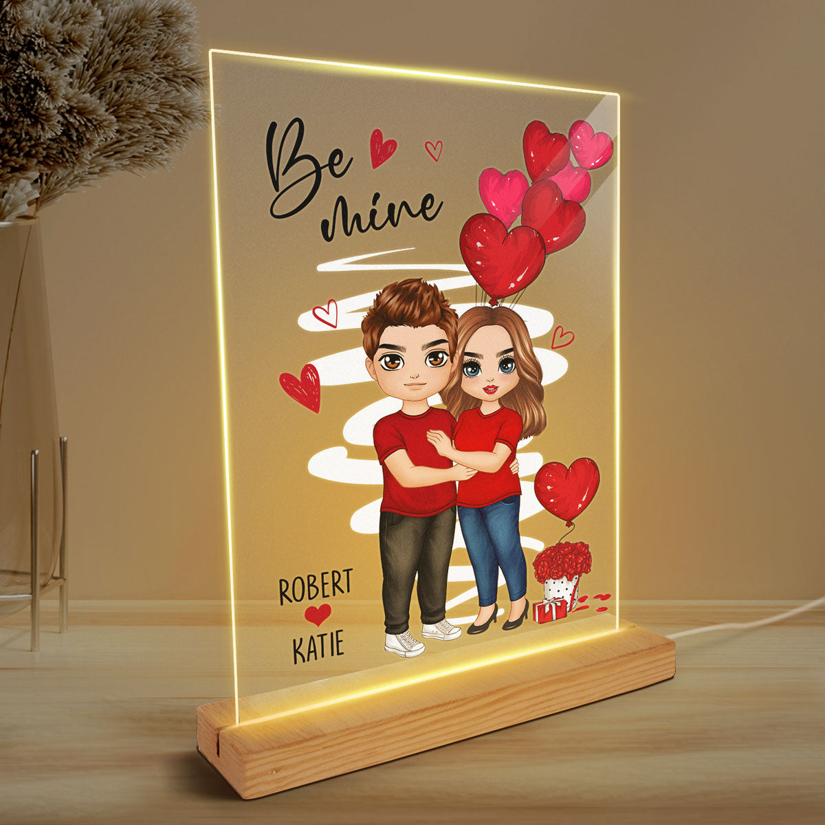 Be Mine Standing Embracing Doll Couple Personalized Plaque LED Night Light - Gift For Him Gift For Her