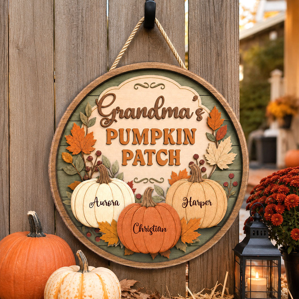 Grandma's Pumpkin Patch Vintage Style 2D Flat Printed - Personalized Door Hanger - Fall Season Decor For Grandparents