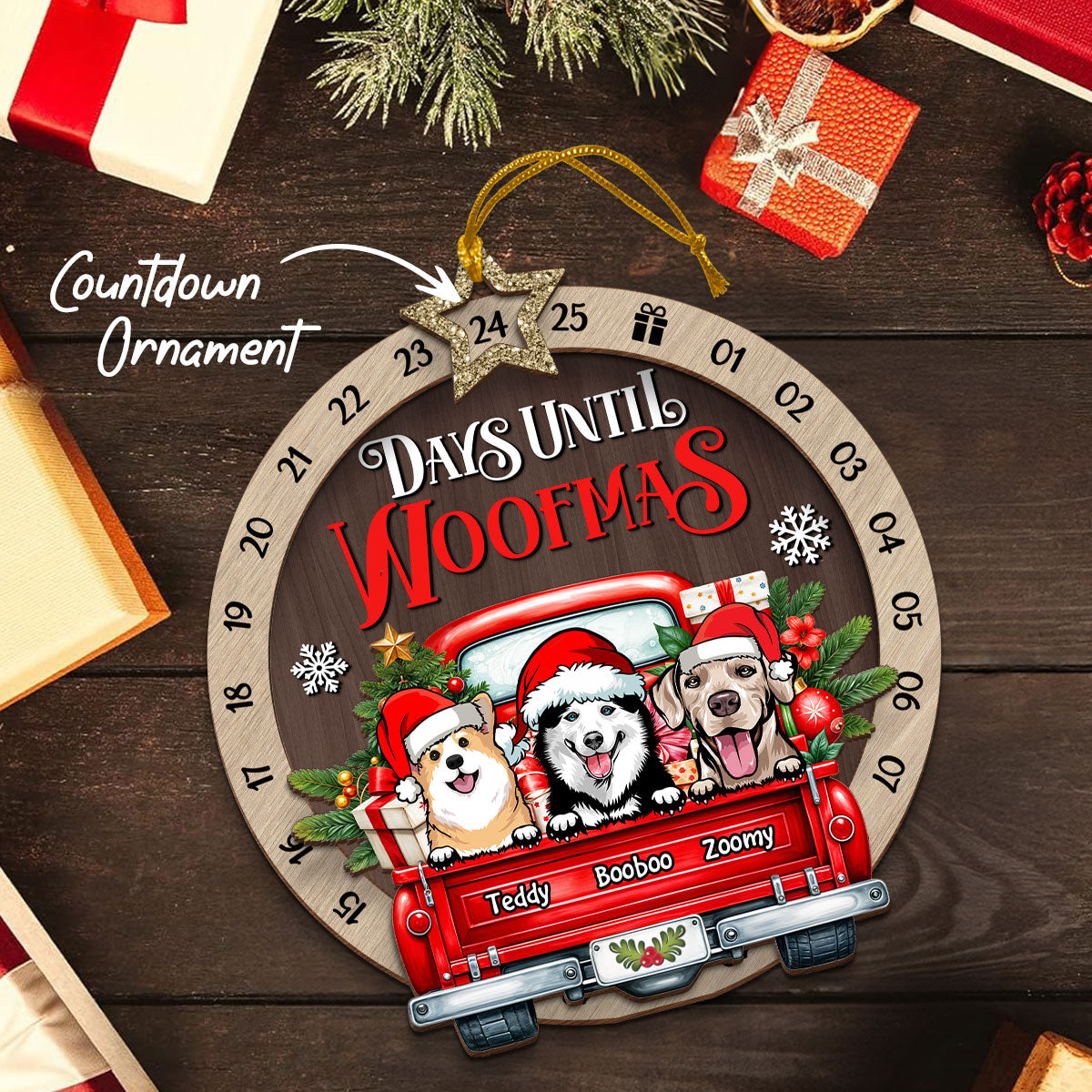 Days Until Woofmas Dogs On Truck Personalized Countdown Ornament, Christmas Gift For Dog Lovers