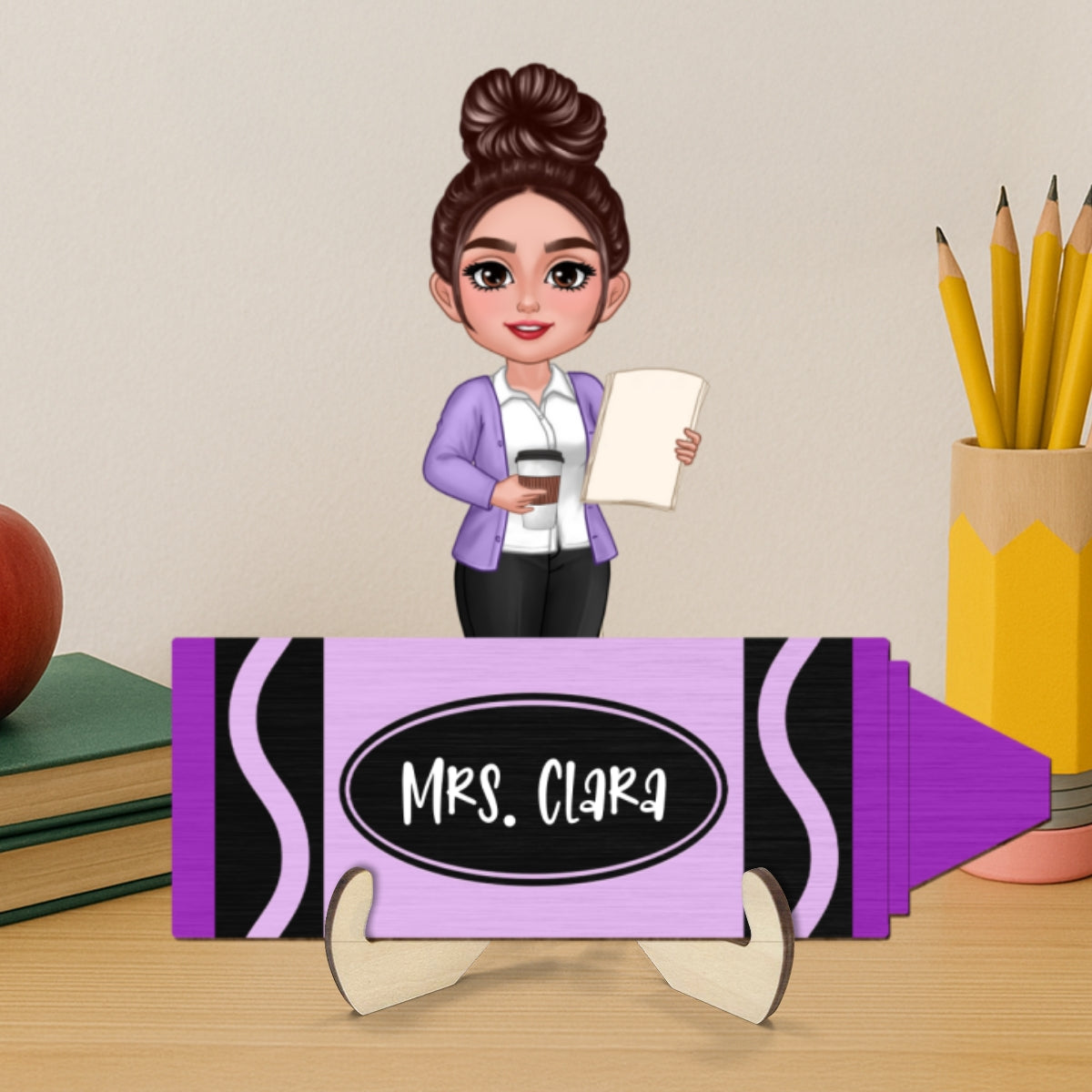 Teacher Crayon Personalized 2-Layer Wooden Plaque, Back To School Gift