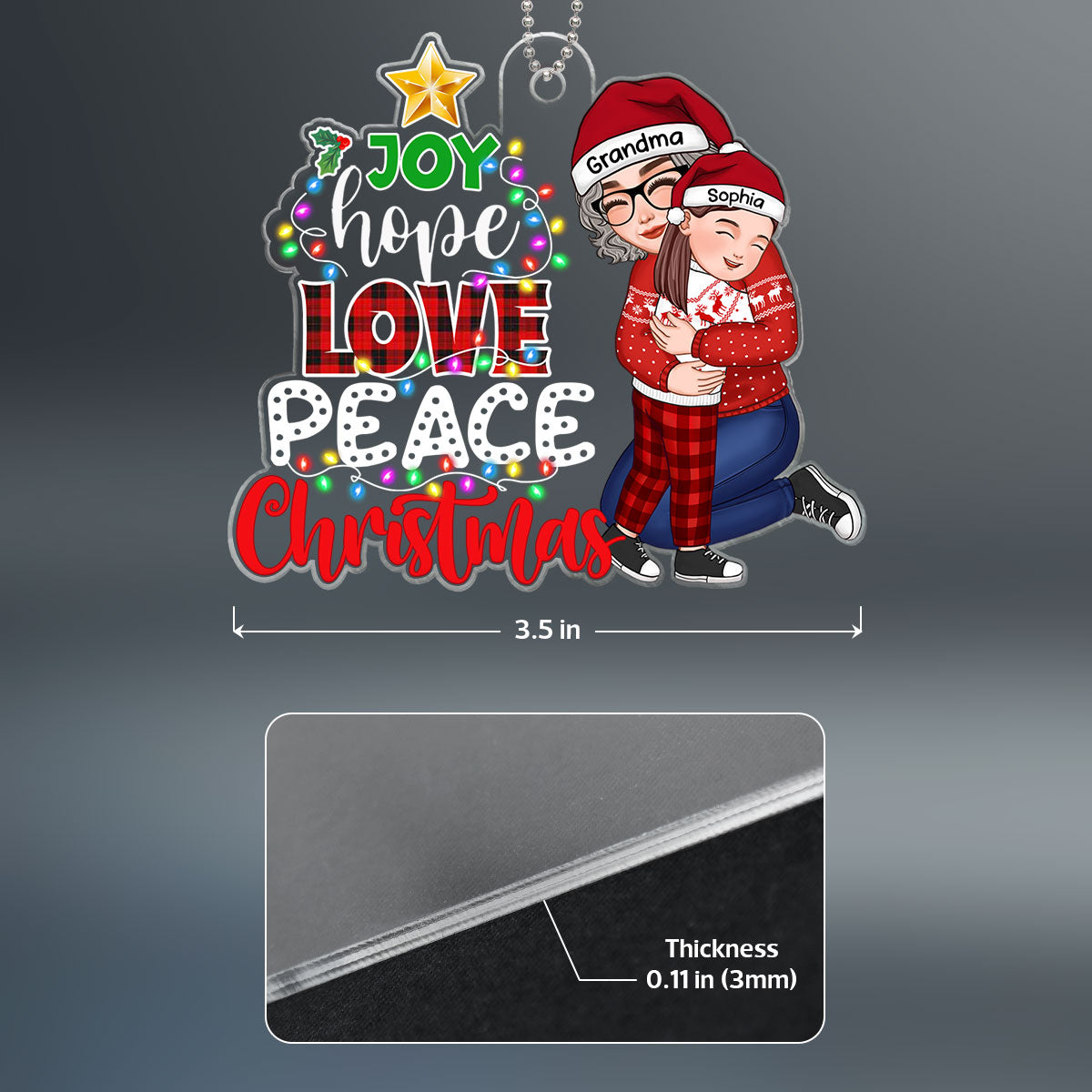 Joy Hope Love Peace Christmas Tree Grandma Hugging Grandkid Personalized Acrylic Ornament