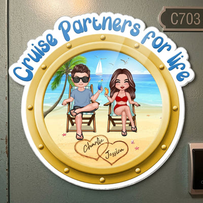 Cruise Partners For Life Porthole Doll Couple Sitting On The Beach - Personalized Cruise Ship Door Magnet