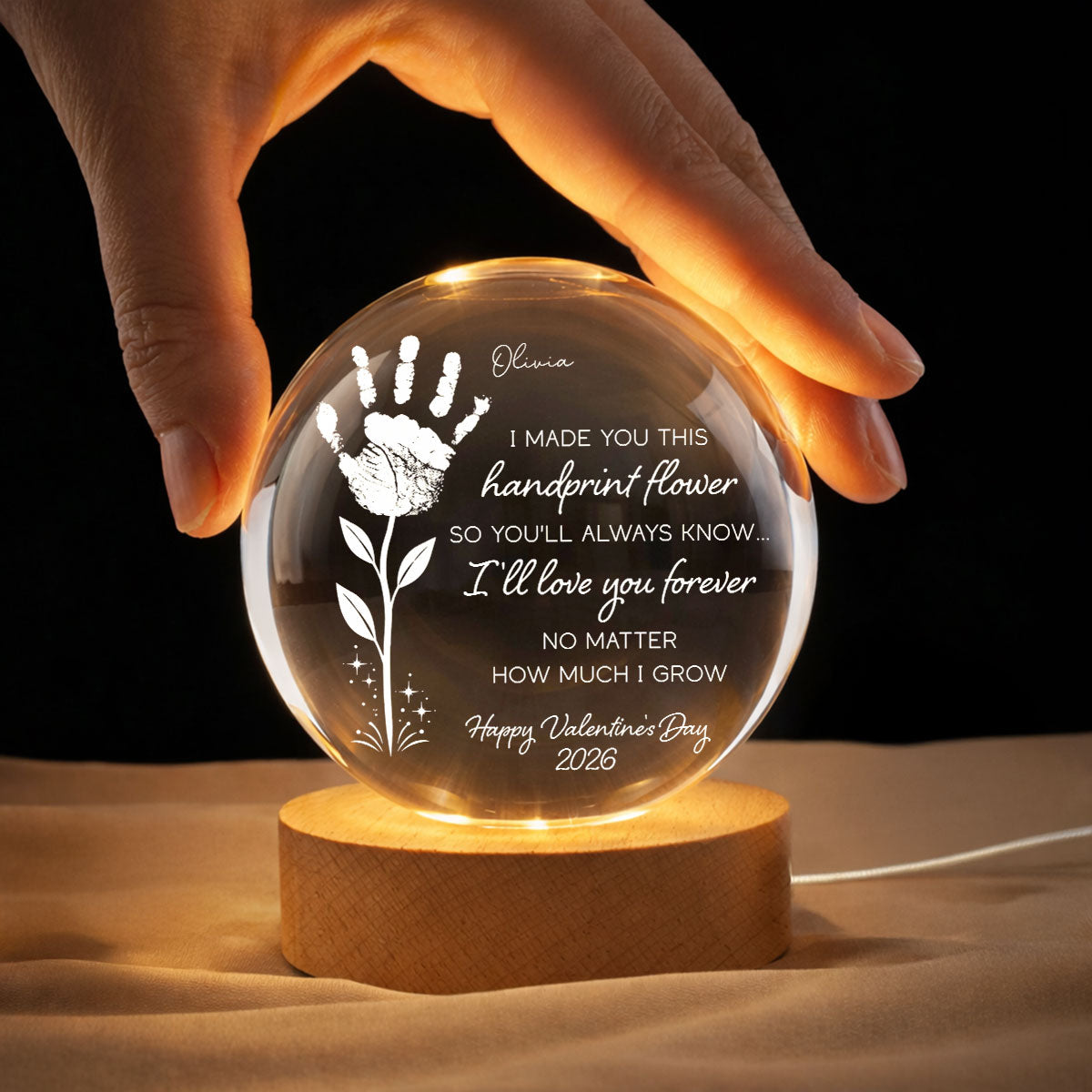 Valentine Day Handprint Art Craft - Personalized Crystal Ball LED Night Light - Anniversary, Valentine's Day Gift, Gift For Him, Gift For Her