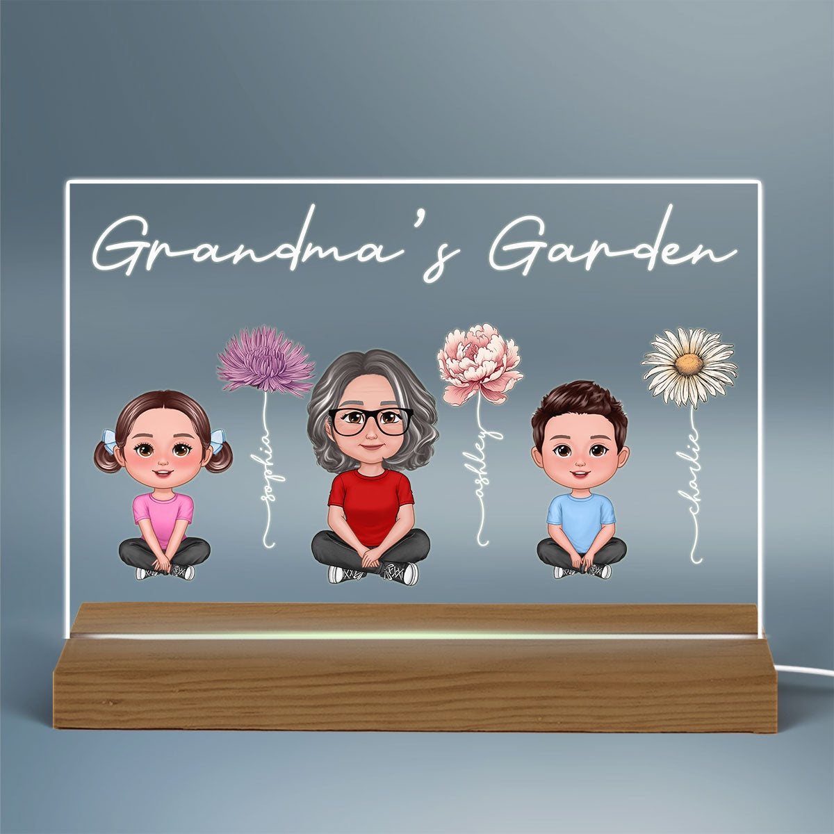 Grandma Grandkids Sitting Crossed Legs Birth Month Flowers Mother‘s Day Gift Personalized Warm Acrylic Plaque LED Night Light