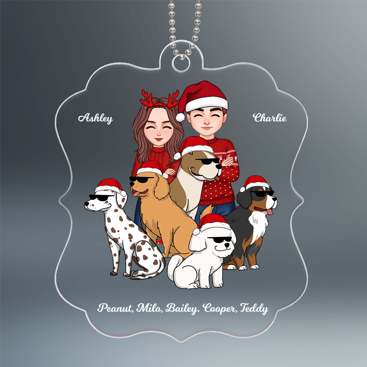 Cool Couple Standing With Funny Dogs Cartoon Personalized Acrylic Ornament