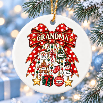 Grandma Retro Christmas Charm Bow - Personalized Ceramic Ornament - Trendy Christmas Ornament for Grandma