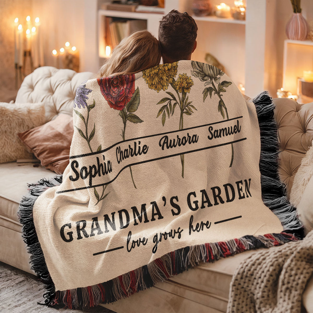 Grandma's Garden Love Grows Here Beautiful Vintage Birth Month Flowers Personalized Tapestry Woven Blanket