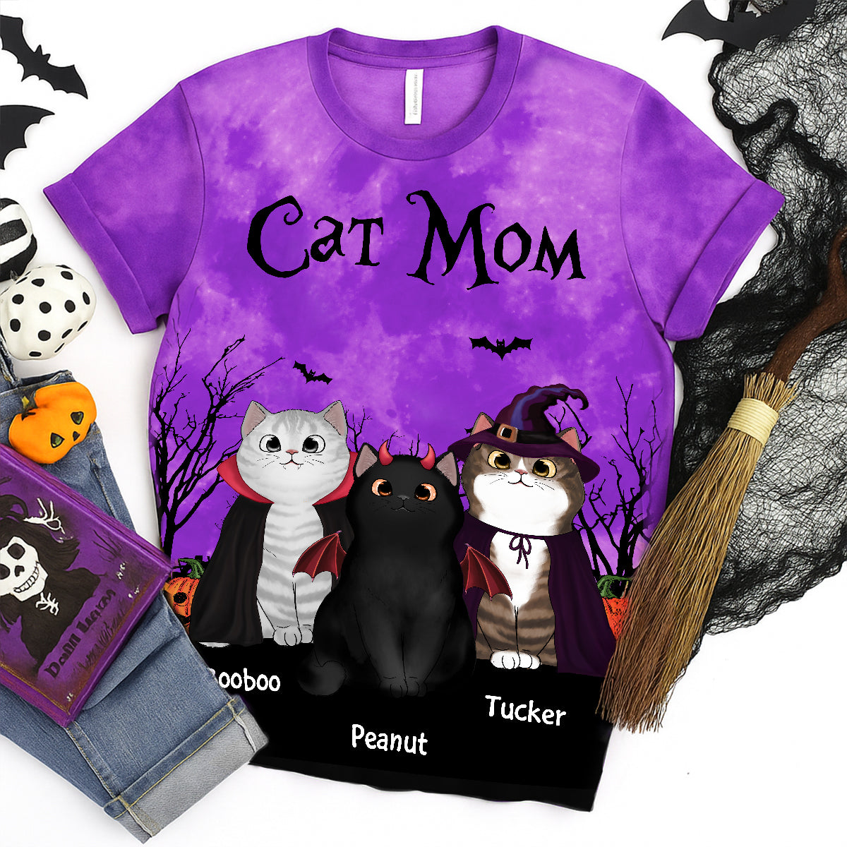 Cat Mom Halloween Moon Light Bat Tree Witchy Theme Personalized Shirt, Purrfect Costume for Cat Lover