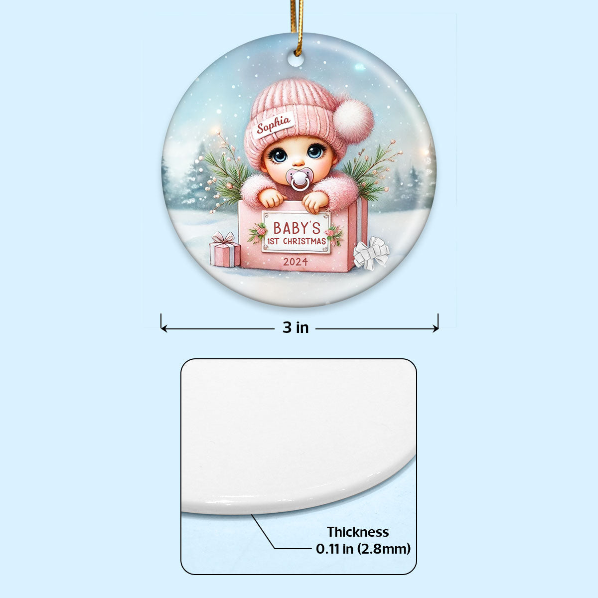 Watercolor Baby Inside Gift Box Personalized Ceramic Ornament, Christmas Gift for New Mom New Dad