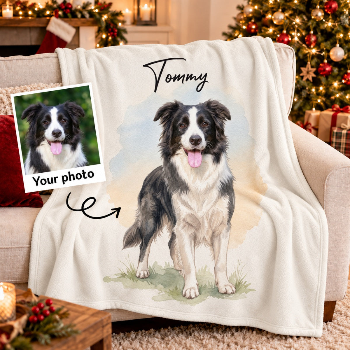 Custom Dog Cat Watercolor Portrait from Photo - Personalized Fleece Blanket - Christmas Gift for Dog Lovers, Memorial Gift