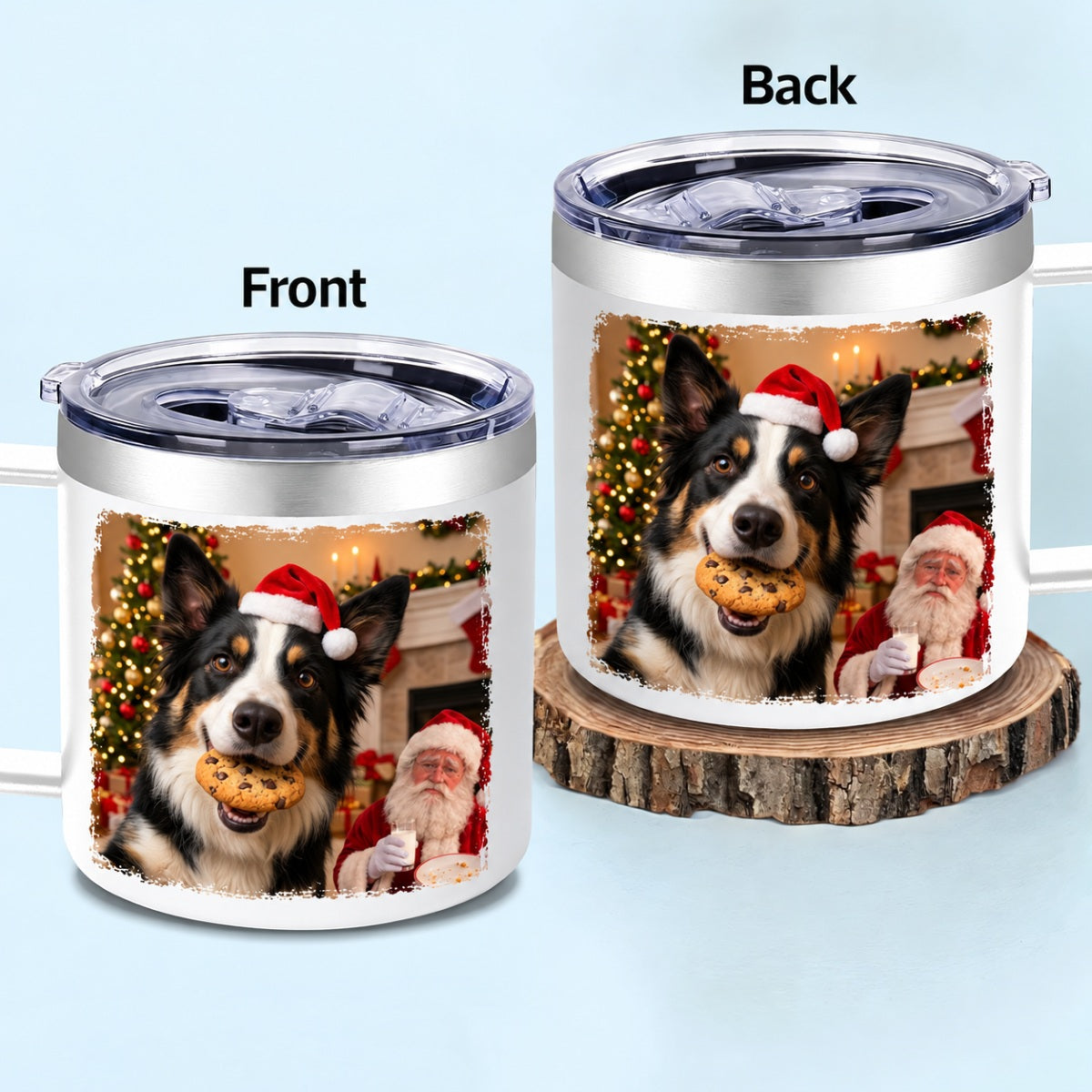 Dog Cat Steal Cookie From Santa Upload Pet Photo - Personalized Stainless Steel Tumbler With Handle - Funny Christmas Gift For Dog Lovers, Cat Lovers, Pet Lovers