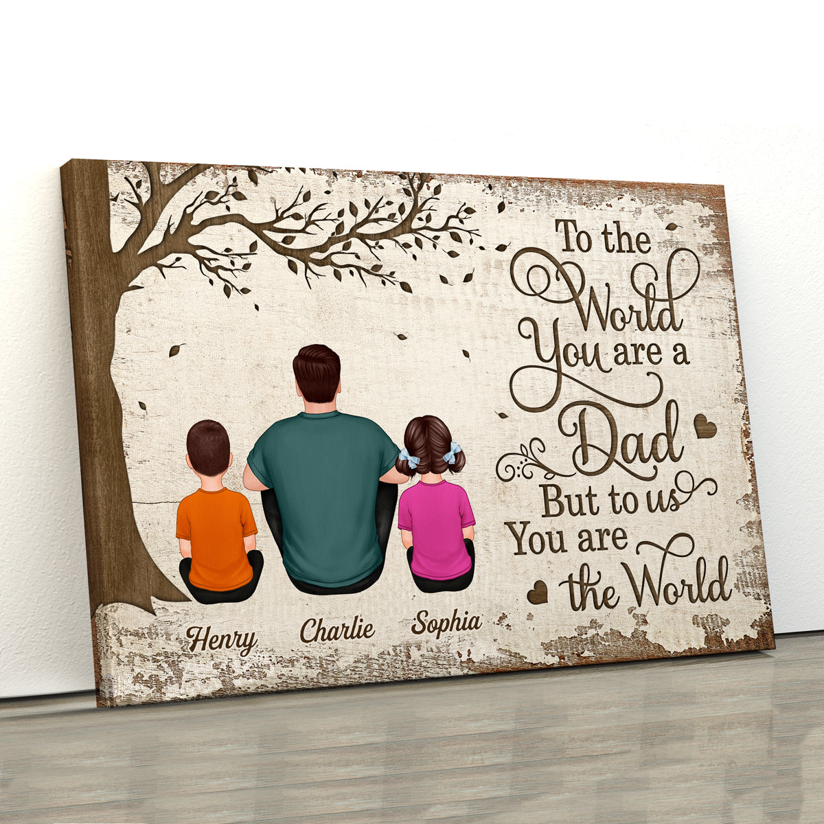 Back View Dad And Kids Dogs Cats Sitting Personalized Canvas