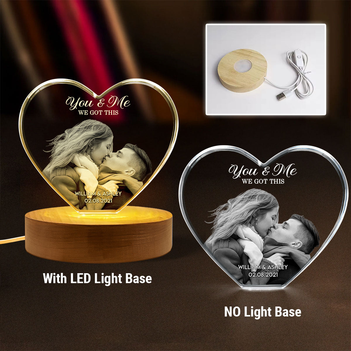 Couple 3D Upload Photo Premium Crystal Heart LED, Personalized Heart Crystal With LED Base Optional, Perfect Valentine's Gift For Couple, For Him, For Her, Free Delivery