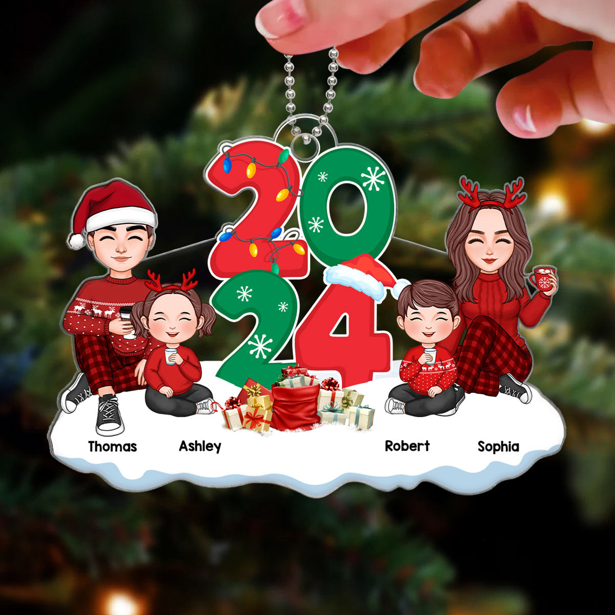 Cute Family Dad Mom Kids Dogs Cats Sitting By 2024 Christmas Personalized Acrylic Ornament