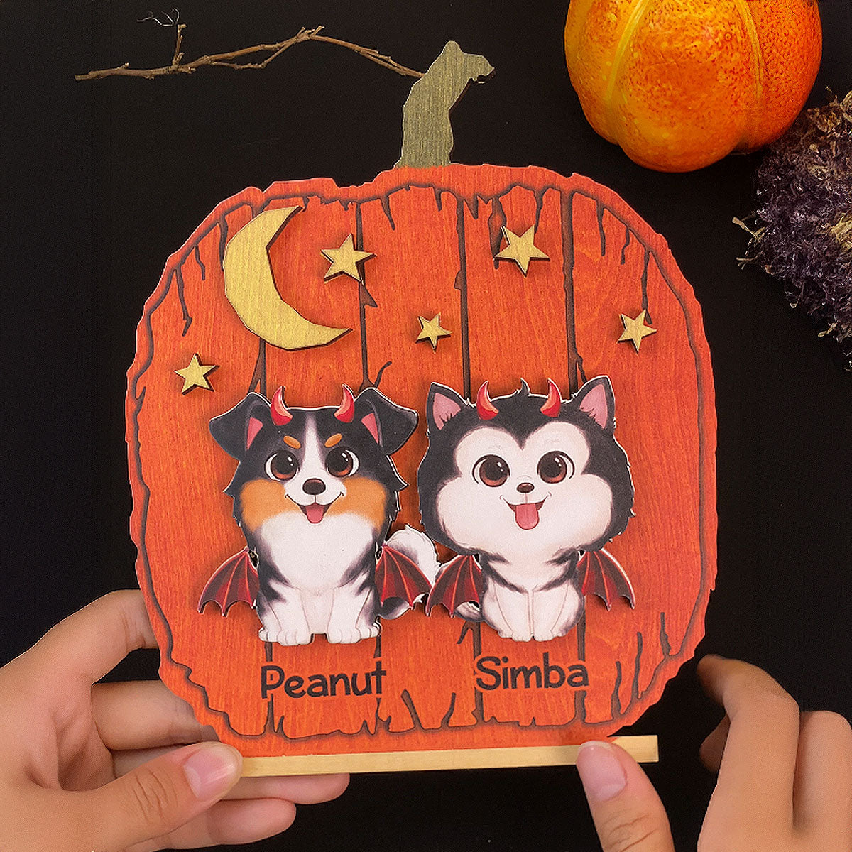 Halloween Dog Pumpkin Shaped Personalized 2-Layer Standing Wooden Plaque