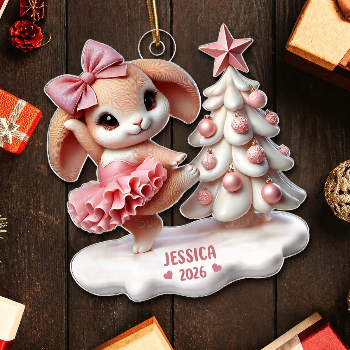 3D Effect Cute Bunny Girl Dancing Christmas Personalized Acrylic Ornament, Christmas Gift For Daughter, Granddaughter