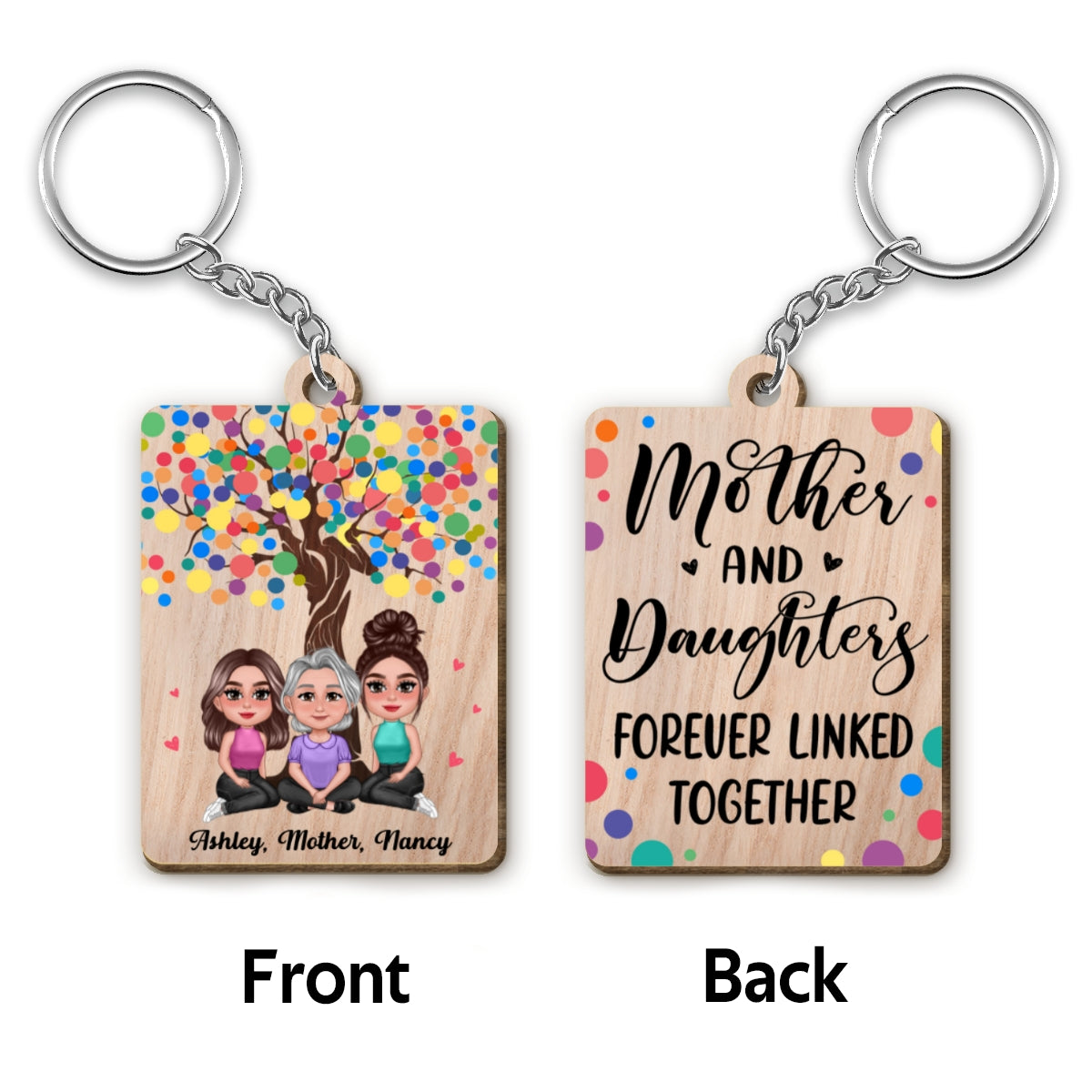 Pretty Doll Mother Daughters Under Tree Personalized Wooden Keychain