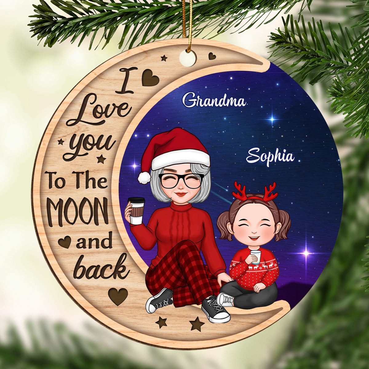Galaxy Background Cute Grandma Grandkids Personalized Wooden Ornament