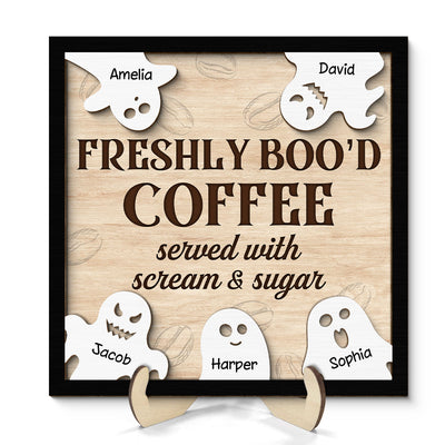 FRESHLY BOO'D COFFEE Ghost Family Personalized 2-Layer Wooden Plaque