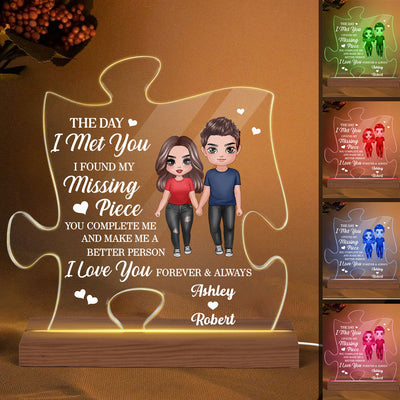 Doll Couple Standing You‘re The Missing Piece Personalized Puzzle Shaped Acrylic Plaque With LED Night Light - Gift For Him - Gift For Her