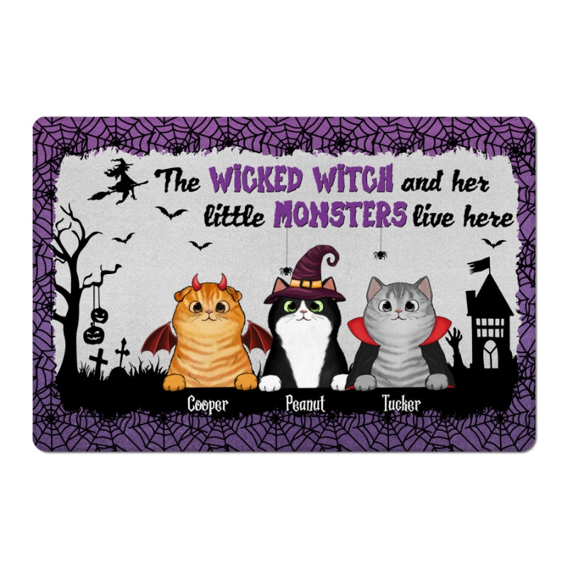 Wicked Witch And Monster Cats Live Here Halloween Spider Net Personalized Doormat
