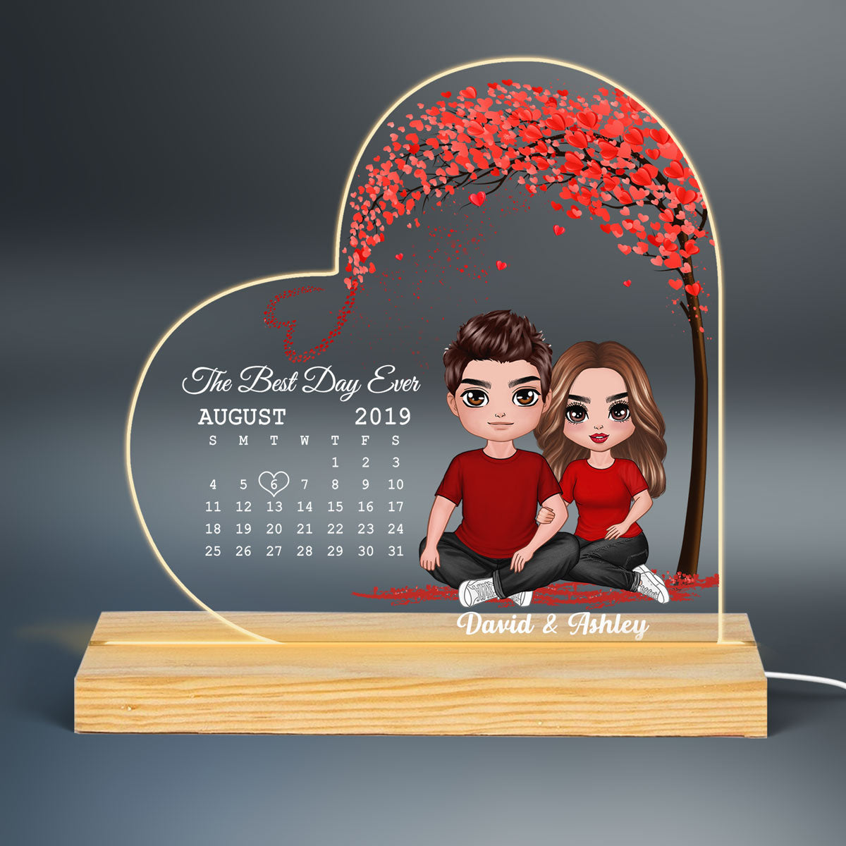 Embracing Doll Couple Sitting Under Red Heart Tree Calendar Anniversary Date Personalized Heart Custom Shape LED Night Light