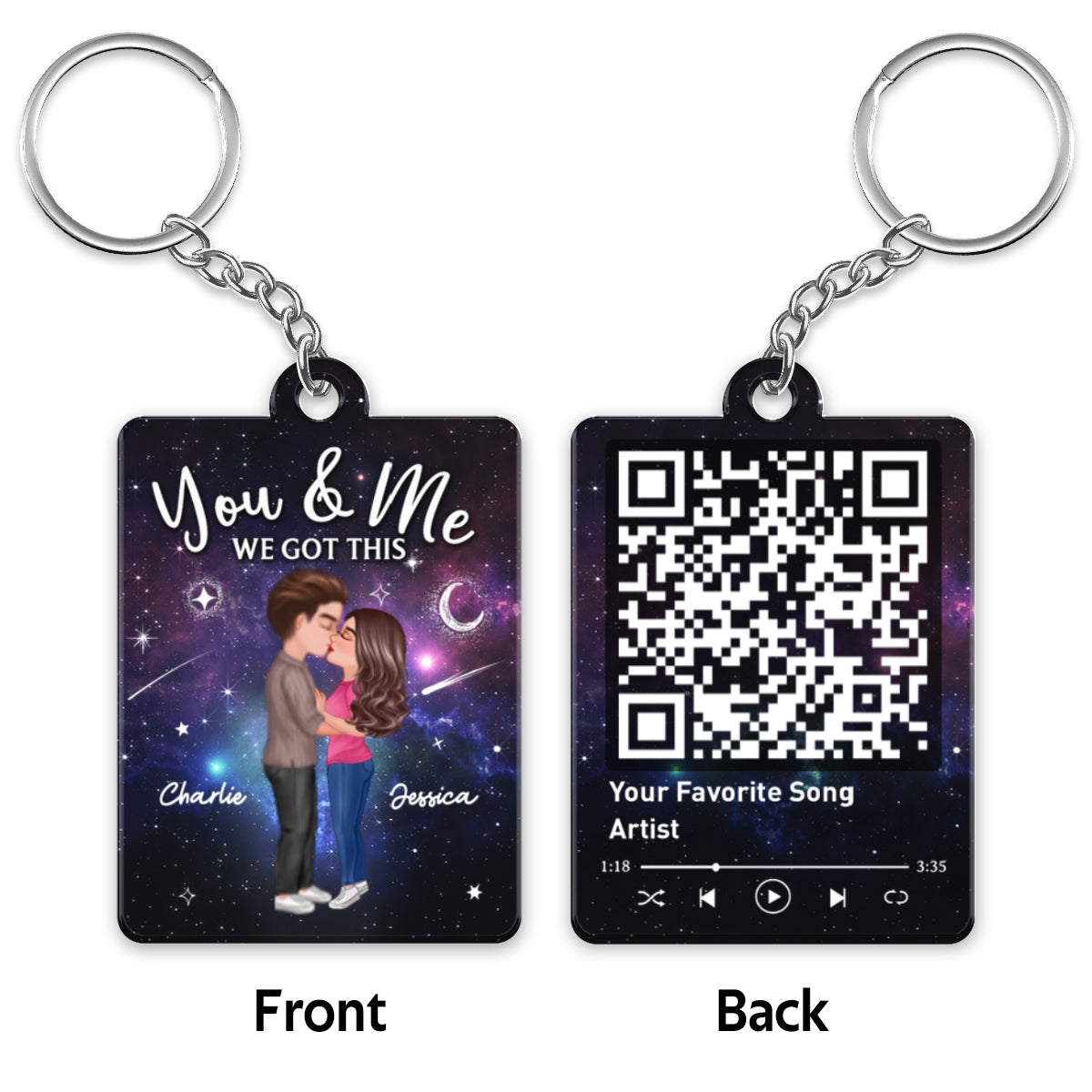 Doll Couple Kissing In Galaxy Night Favorite Song Scannable QR Code Personalized Acrylic Keychain