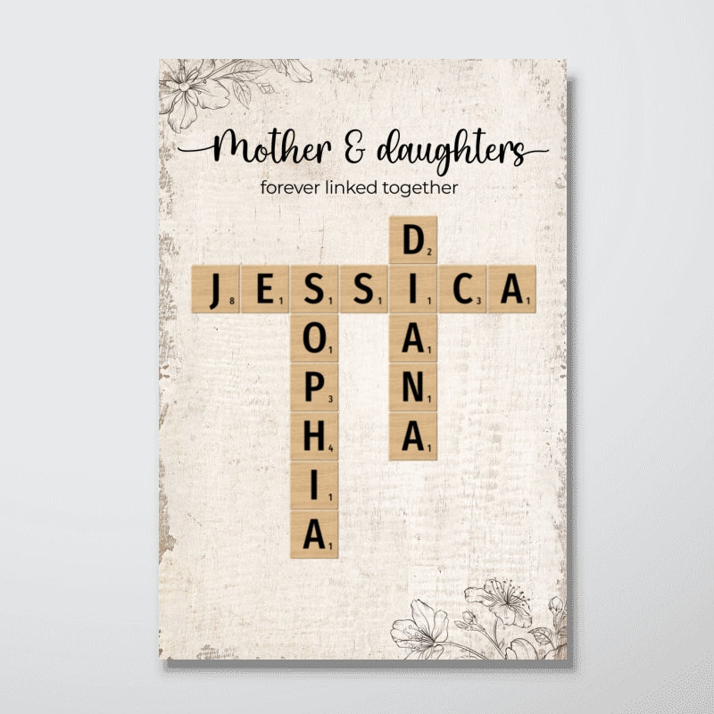 Mother Daughter Forever Linked Together Crossword Puzzle Art Personalized Poster