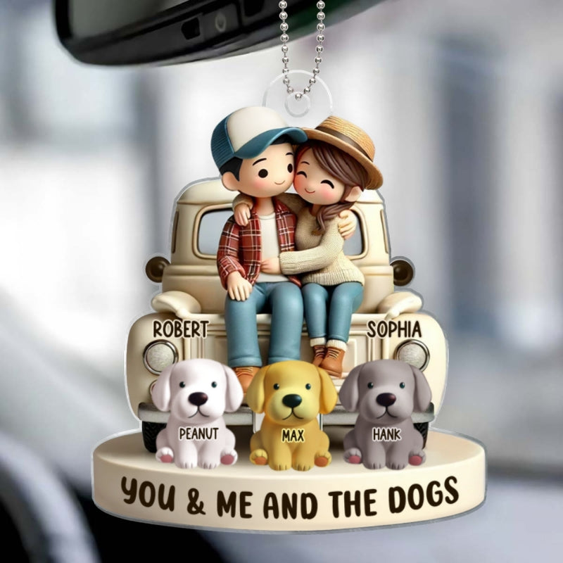 3D Effect Couple On Truck You Me And The Dog Cats Personalized Acrylic Car Hanger Ornament, Heartfelt 2025  Gift For Couple, For Dog Lovers, Cat Lovers