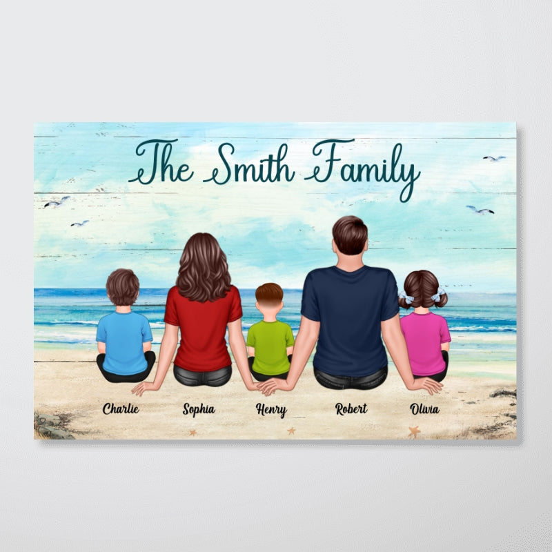 Whole Family Dad Mom Kids Dogs Cats Sitting Beach Landscape Personalized Horizontal Poster