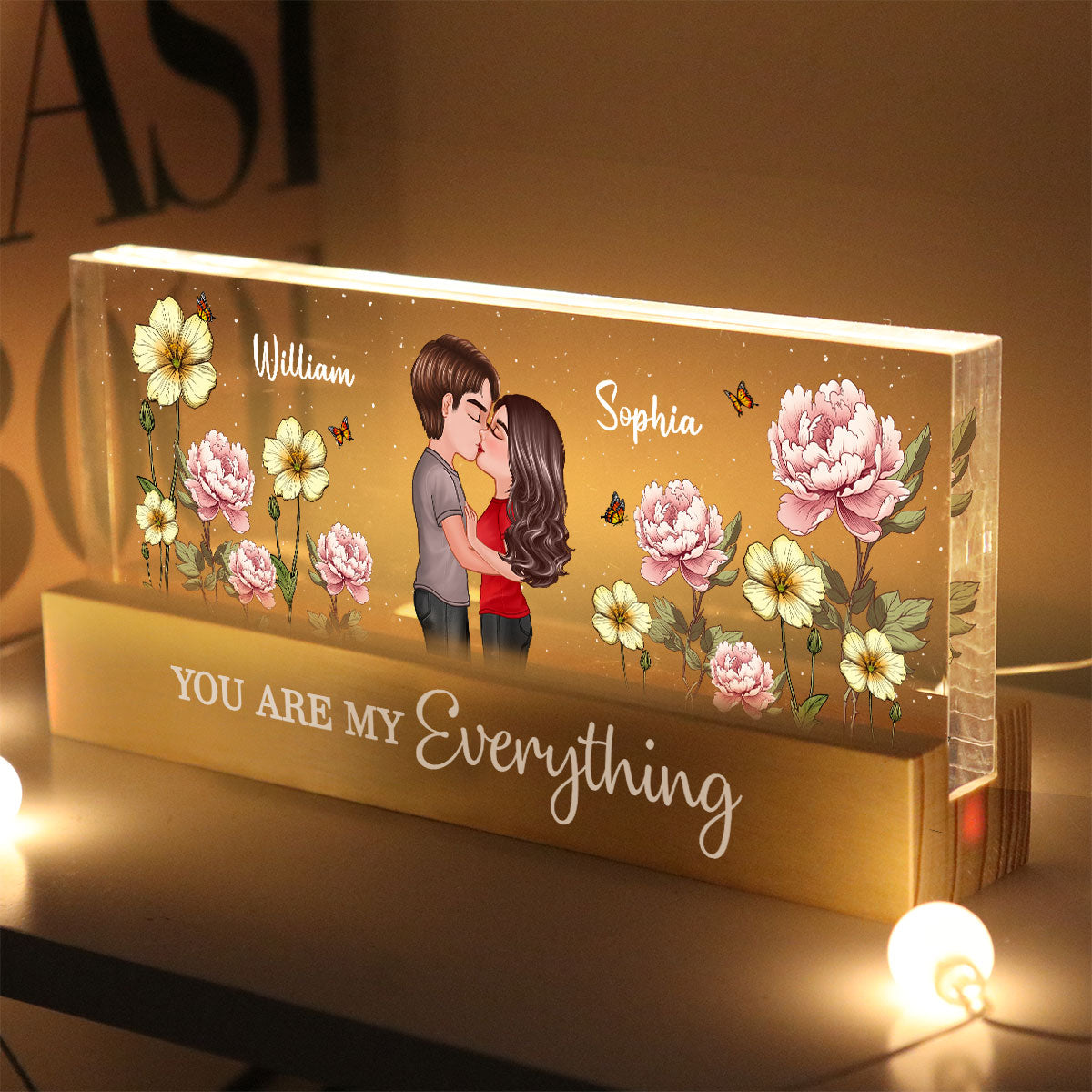 Couple Kissing Birth Month Flower Personalized Acrylic Block LED Night Light, Heartfelt Gift For Couple, For Her