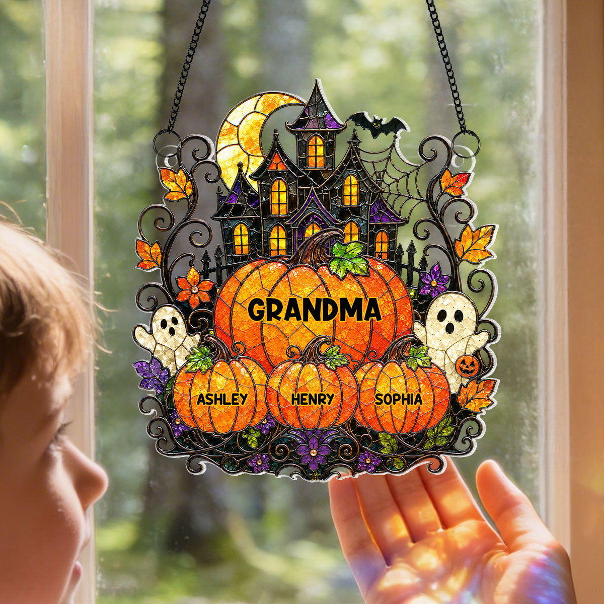 Whimsical Halloween Grandma's Little Pumpkins Haunted House - Personalized Acrylic Window Hanging - Halloween Decoration For Grandma