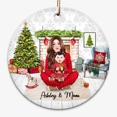 Mom And Baby Christmas Sitting In House Personalized Circle Ornament