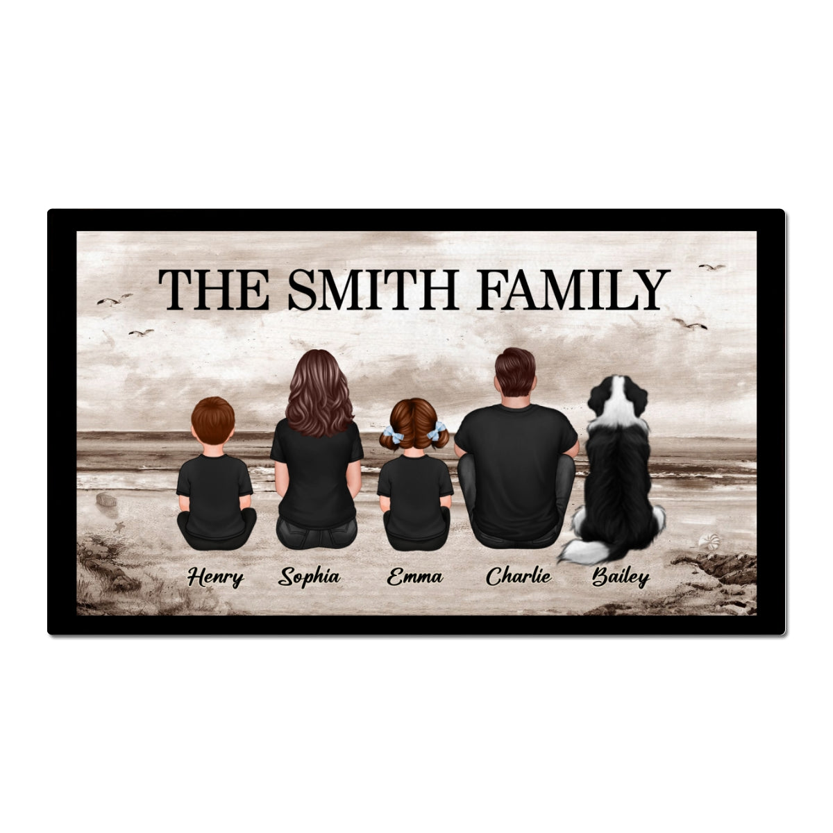 Retro Vintage Family Sitting Beach Landscape Personalized Doormat
