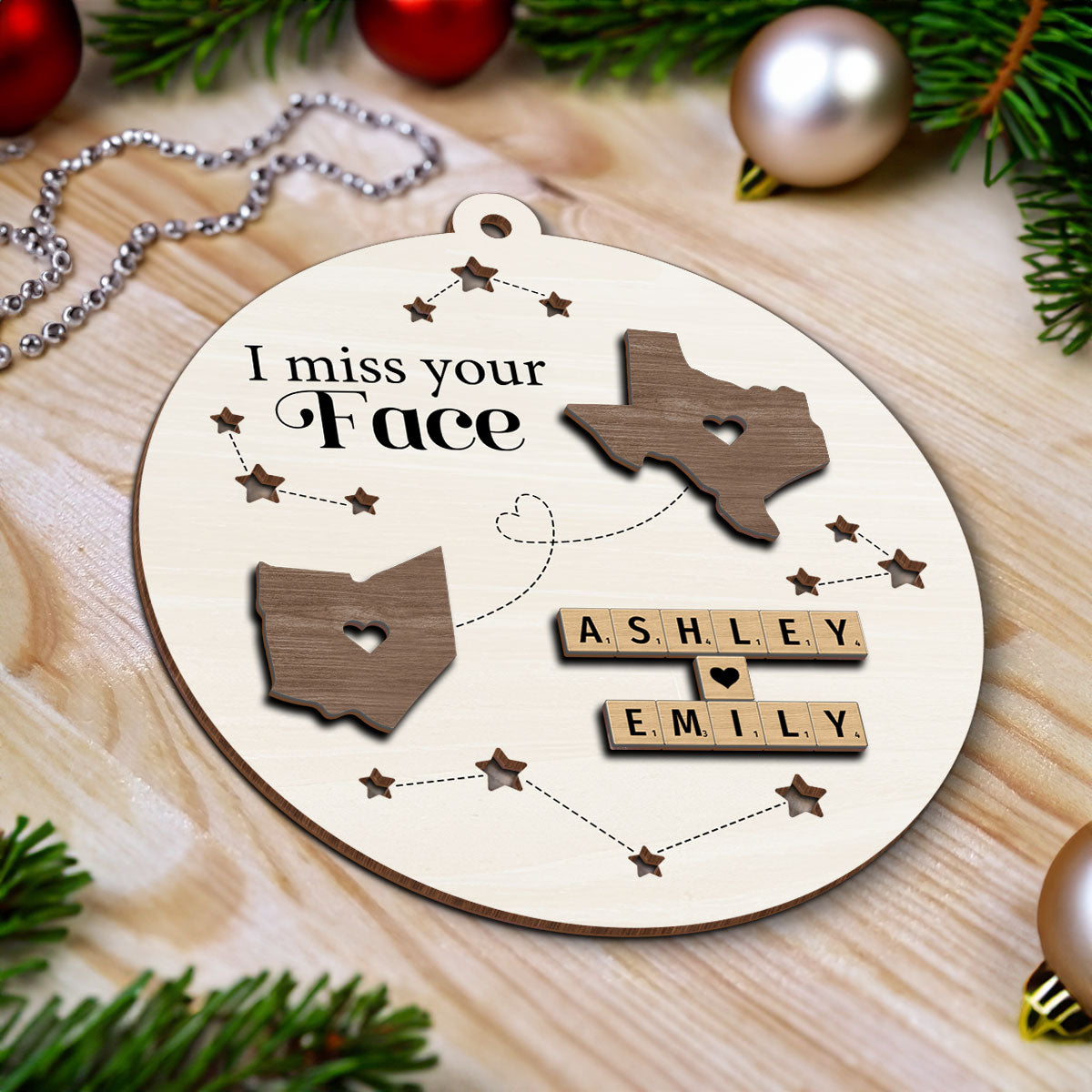 I Miss Your Face Long Distance State Maps Wooden Blocks Personalized 2-Layer Wooden Ornament, Christmas Gift For Besties, Couple, Family