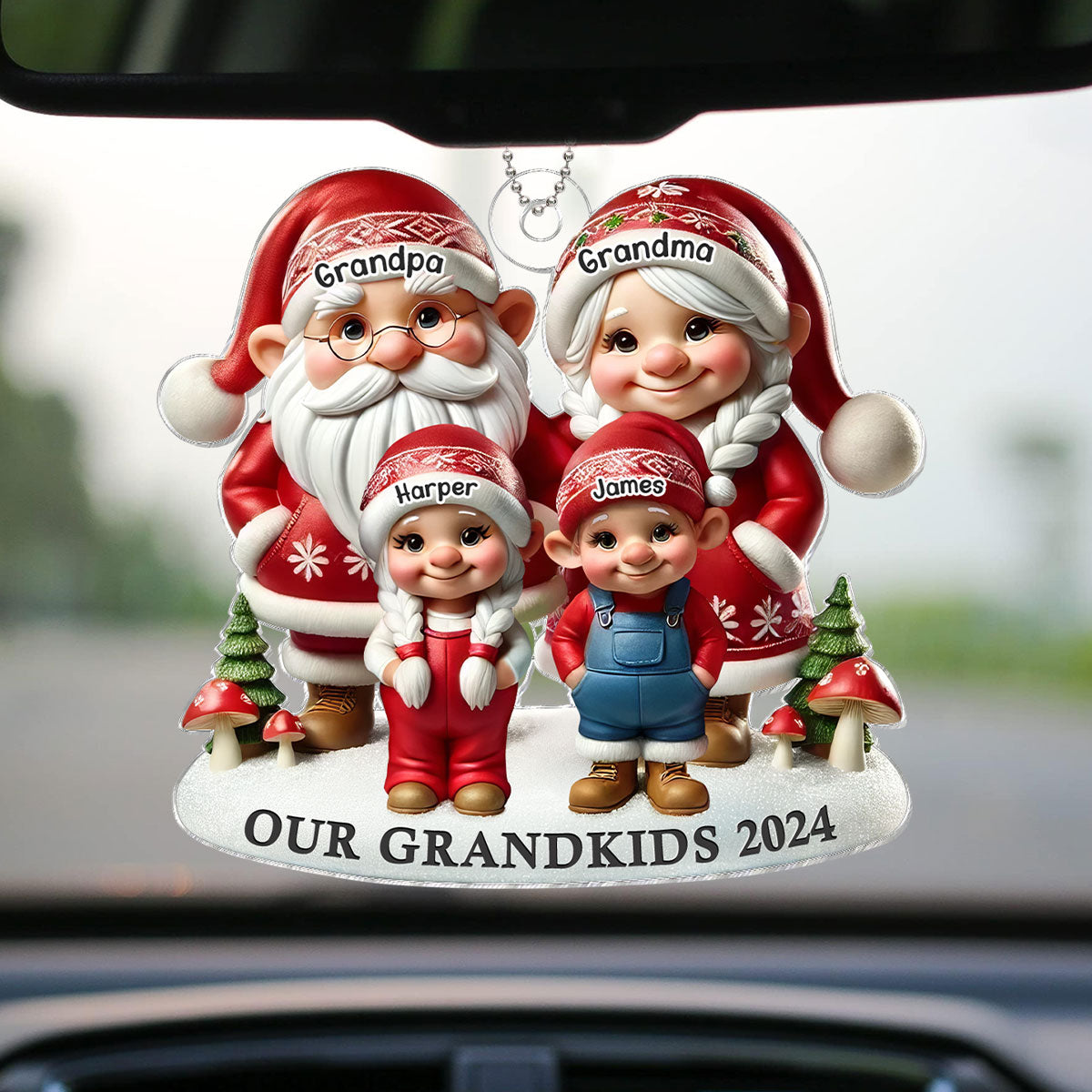 3D Effect Gnome Grandma Grandpa And Grandkids Christmas Personalized Acrylic Car Hanger Ornament