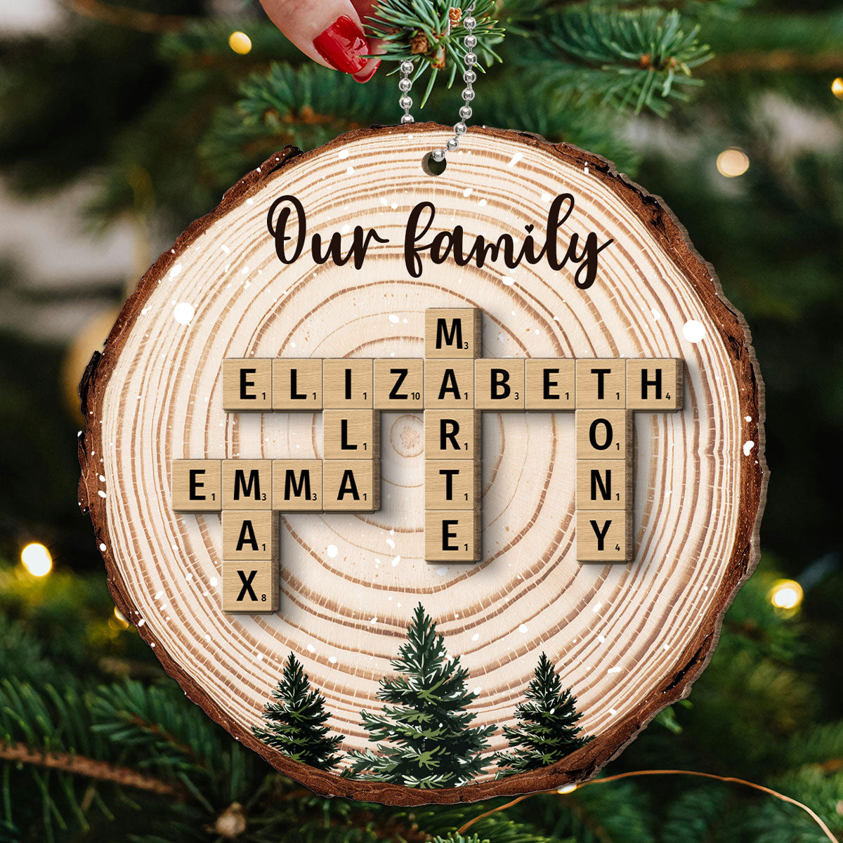 Christmas Tree Wood Pattern Family Names Puzzle Crossword Personalized 2-Layer Wooden Ornament, Christmas Gift For Family