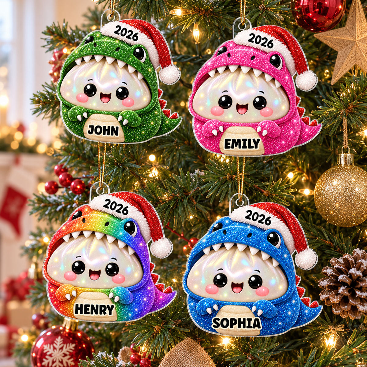 Cute Dinosaur Dumpling Dim Sum Custom Name - Personalized Acrylic Ornament - Christmas Gift, Keepsake For Kids, Teenagers